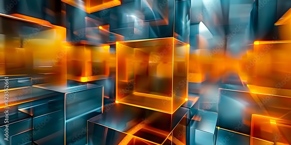 Poster 3d render of glossy orange and yellow cubes in modern tech design. concept 3d rendering, glossy cube