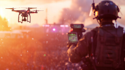 drone surveillance at a festival, security concept, created with generative AI technology