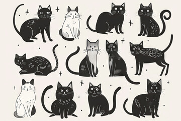 Obraz premium Cute Cats Set, Pet Animal Symbols, Hand Drawn Cat Icons Silhouettes, Funny Kitten Character Drawings