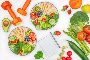 Healthy food, keto diet, diet lunch concept. Diet plan, menu or program. Top view