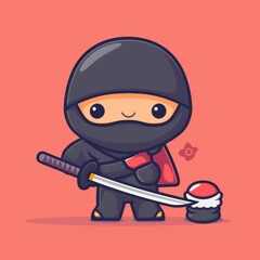 Fototapeta premium Cute Sushi Logo, Ninja Holding Sword Katana Cartoon, Japanese Food Icon, Cartoon Minimal Ninja
