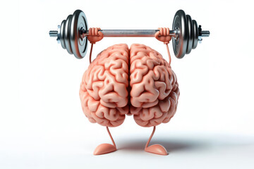 Human brain made lifting a heavy dumbbell Isolated on white background