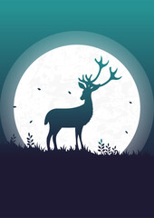 Minimalistic full moon skyscape and doe silhouette. Wildlife animals in nature illustration poster.