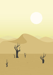 Desert landscape sunny dunes and dry tree illustration. Aesthetic minimalist sahara panorama poster.