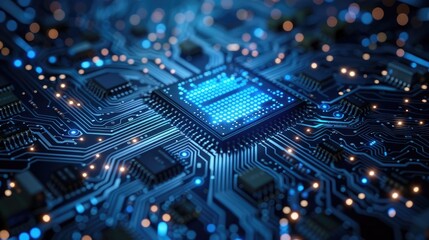 A close-up of a glowing blue microchip on a circuit board with intricate pathways, representing advanced technology and connectivity.
