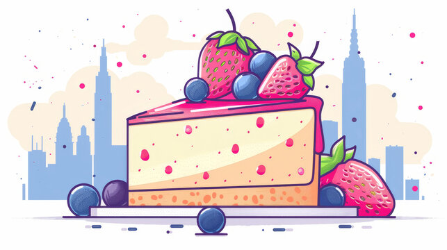 Delicious slice of cheesecake topped with fresh strawberries and blueberries, set against a city skyline background.