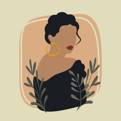 Faceless young woman in black dress aesthetic illustration. Aesthetic summer illustration of hispanic lady.