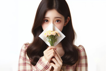 Allergy to flowers girl blows her nose into a napkin and holds flowers.