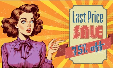 Retro Banner 75 off discount, a surprised woman with curly hair pointing to the side with the other hand.