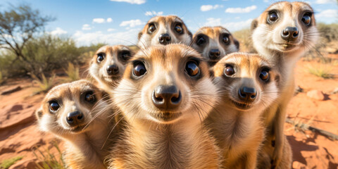 Group of Curious Meerkats. A close-up shot of a group of curious meerkats staring directly at the camera in a natural setting.