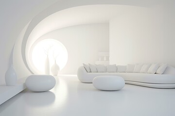 Spacious living room featuring sleek, white furniture and curved architecture bathed in natural light