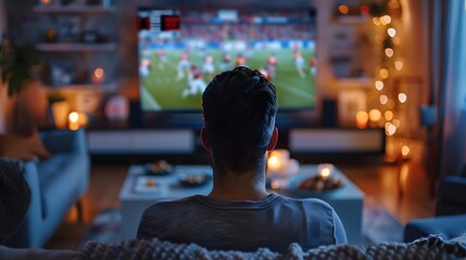 Fototapeta premium A man watching football on TV in his living room, seen from behind with the focus only on him and his back facing the viewer. 
