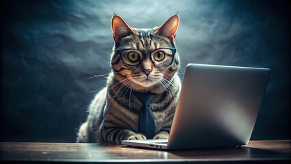 Spy cat with glasses typing on computer, hacking digital data in dark room, cyber crime concept 