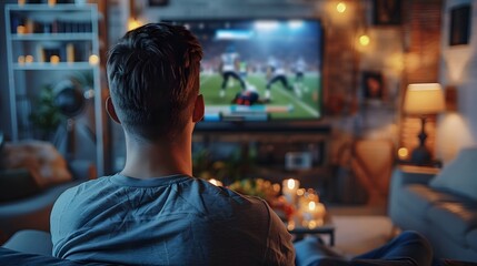 A man watching football on TV in his living room, seen from behind with the focus only on him and his back facing the viewer.
