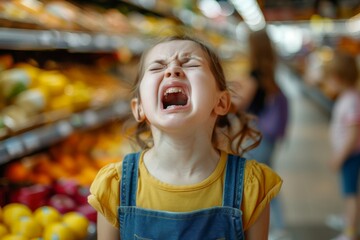 Hysterical girl in supermarket, upset child screams loudly, demands to buy, crying loudly, manipulating