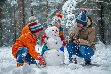 Family in cozy clothes, playing in the snow