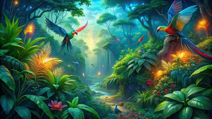 Tropical rainforest with colorful parrots flying among lush green trees and vibrant flowers