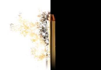 Dispersion of a bullet on the white side. War and peace concept.