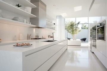 Bright, contemporary kitchen with white furnishings and a view of a cozy living area