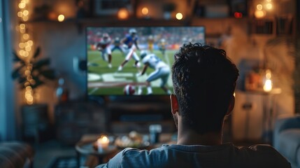 Obraz premium A man watching football on TV in his living room, seen from behind with the focus only on him and his back facing the viewer. 