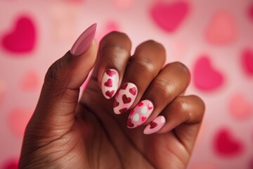 Afro American Woman's Hand With Nails Painted With Valentine's Day Theme Pink Background Nail Salon