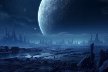Futuristic Alien Planet Landscape with Cityscape and Moons