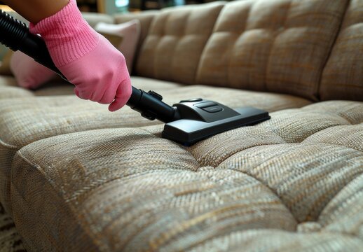 Close-up image of a person's hand wearing pink gloves while vacuuming a beige textured sofa, focusing on household cleanliness