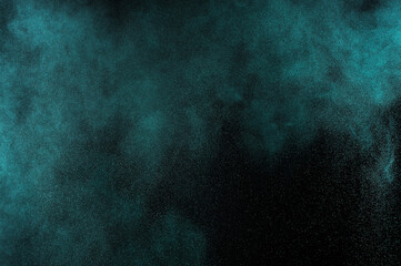 Grunge green texture. Aquamarine smoke cloud on black background. Light blue textured on dark sky. Space backdrop. Explosion overlay pattern.	