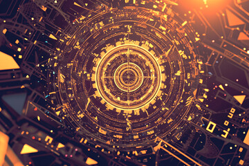 Fototapeta premium Abstract digital artwork with a central circular design radiating intricate patterns and glowing lights