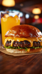 A close-up of a featured burger accompanied by a glass of juice on the table. With empty space for text.