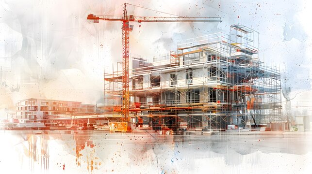 A modern building under construction, with cranes and scaffolding against the backdrop of an industrial landscape, symbolizing growth in commercial real estate.
