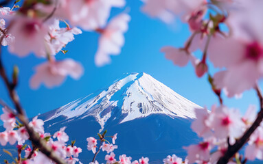 Mount Fuji framed by cherry blossoms in full bloom under a clear blue sky