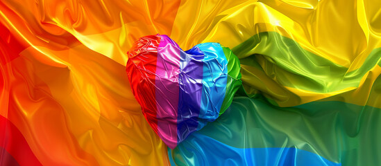 Expansive background in Pride flag hues with a vibrant heart in rainbow colors.