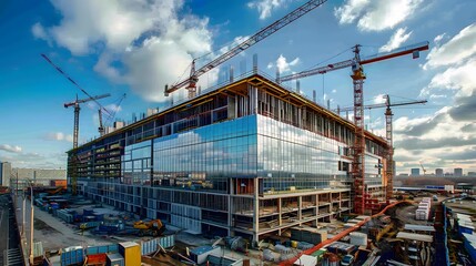 Fototapeta premium A modern building under construction, with cranes and scaffolding against the backdrop of an industrial landscape, symbolizing growth in commercial real estate. 