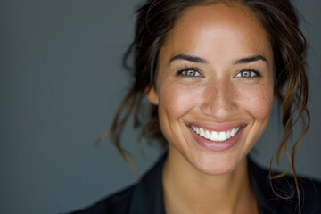 Close-up of a smiling businesswoman with a warm expression on a simple background