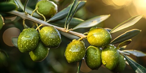 Green olives on olive tree branch bathed in sunlight. Concept Food Photography, Olive Tree, Mediterranean Cuisine, Sunlight, Green Olives
