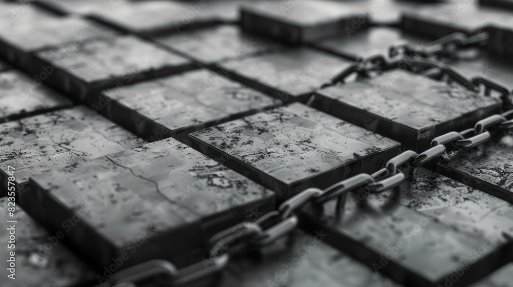 Poster a 3d rendering of a blockchain ledger, with blocks stacked chronologically and linked together by cr
