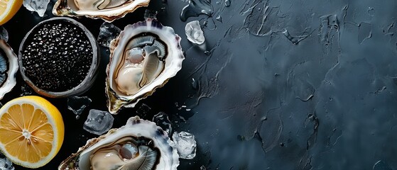 An overhead view of oysters with black sturgeon caviar kept on clean dark backdrop with juicy yellow lemons as a part of decoration and space, Generative AI.