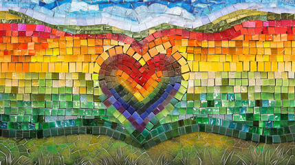 Mosaic tiles in Pride flag colors crafting a picturesque landscape with a heart in rainbow hues, artistic and decorative.