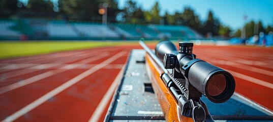 Precise rifle barrel aiming at target, symbolizing summer olympic sport discipline
