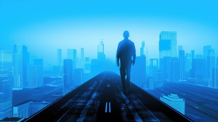 Road worker silhouette against artistic night blue city background