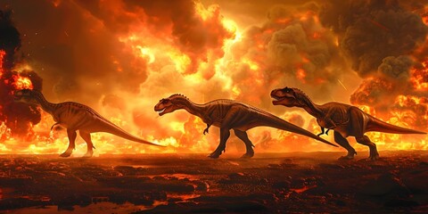 Three dinosaurs walking under fiery sky creating dramatic apocalyptic scene. Concept Dinosaur, Apocalyptic, Fiery Sky, Dramatic Scene