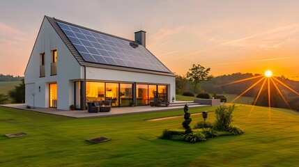 Obraz premium A modern house with solar panels on the roof, illuminated by sunlight at sunset. The home is white and has large windows that allow natural light to fill its interior space. 