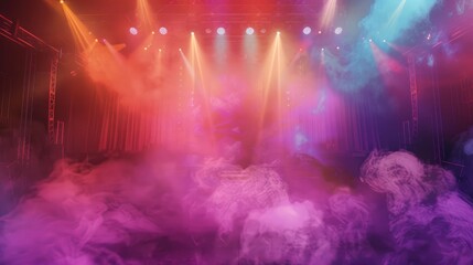 Fototapeta premium Misty smoke filling the stage during a rock concert, with colorful lights and an energetic crowd