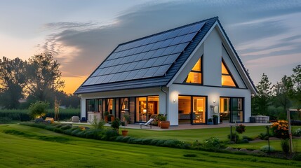 Obraz premium A modern house with solar panels on the roof, illuminated by sunlight at sunset. The home is white and has large windows that allow natural light to fill its interior space. 