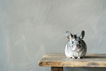 Adorable Chinchilla on Wooden Tabletop. A cute chinchilla sitting on a wooden tabletop with a plain background with copy space. 