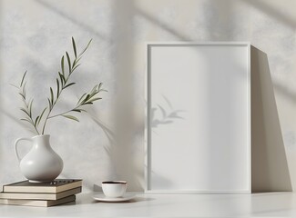 Modern interior design, mockup of vertical picture frame on light beige wall with books and an olive branch in a vase, a coffee cup, close up view, minimalistic style