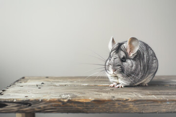 Adorable Chinchilla on Wooden Tabletop. A cute chinchilla sitting on a wooden tabletop with a plain background with copy space. 