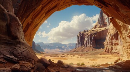 natural arch carved into soft sandstone, framing a stunning desert landscape
