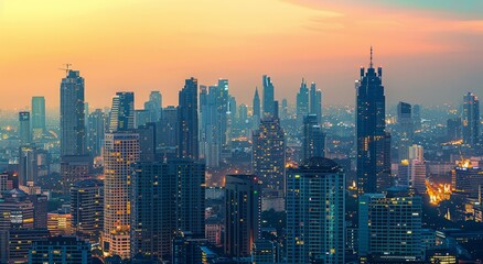 Fototapeta premium A panoramic view of skyline at dusk, showcasing the tall skyscrapers and modern architecture